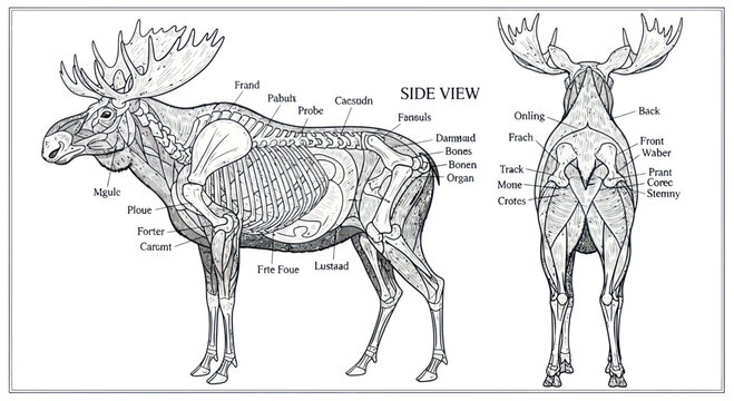 Moose Anatomy Diagram: Side and Rear Views, Detailed Illustration
