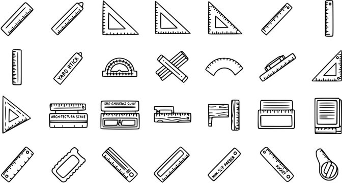 Line Art Measuring Tools Icon Set for Education, Drafting, and Architecture. Hand Drawn Rulers, Set Squares, Protractors, and Scales Vector Collection.