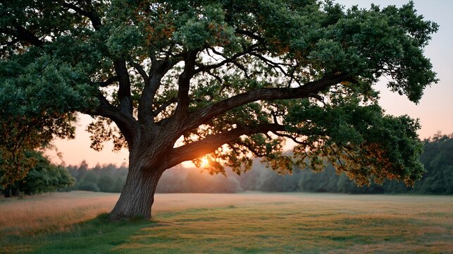 Mature oak tree stands alone in open field. Sun rises behind tree, casting golden glow