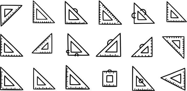Black and White Line Art Set of Triangular Rulers and Protractor for Education and Drafting