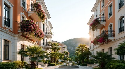 Fototapeta premium Sunlight glows behind terraced buildings with balconies. Pink flowers hang from each balcony railing