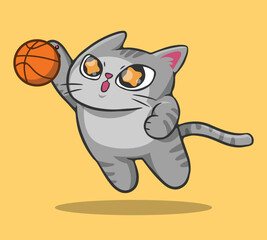Cute cartoon cat character playing basketball. Cat performing jump shot. Hand drawn vector illustration. © Irkhamsterstock