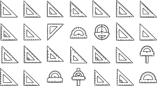 Educational Geometry and Math Tools Vector Line Art Icons Set. School Rulers, Set Squares, and Protractors for Drafting and Measurement.