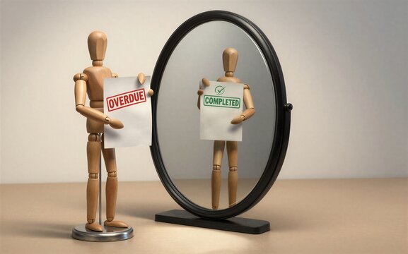 Wooden figure holds "OVERDUE" sign; mirror reflects "COMPLETED"