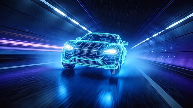 Wireframe car driving through tunnel with glowing lines and wet surface reflections