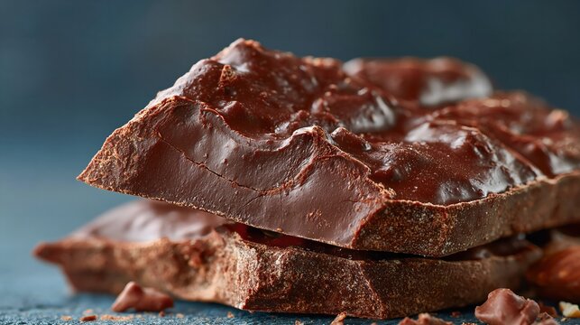 Rich dark chocolate broken into textured pieces. Muted blue background enhances deep chocolate tones