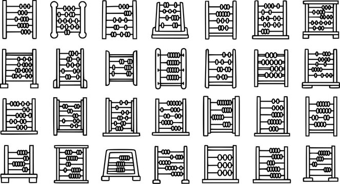 Black and White Line Art Icons of Abacus, Math and Education Symbols