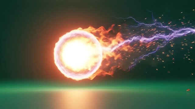 Fiery orb with energy trails and sparks on green backdrop