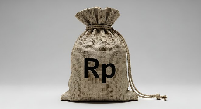 A close-up shot of a burlap money bag with the Indonesian Rupiah symbol 'Rp' printed on it, set against a plain background.