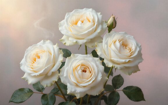 Delicate white roses bloom softly against a gentle blurred pastel