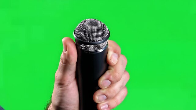 Close-up of a hand holding a black microphone with a silver head against a vibrant green screen background, perfect for chroma key.