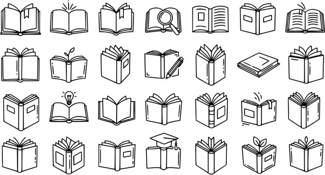 Black and white line art icons of various open and closed books for education and literature