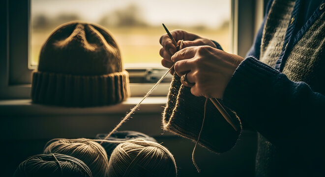 Close up of hands using needles to knit winter headwear