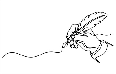 Minimalist Continuous Line Drawing Of Hand Holding Quill Pen Writing © Dosoroth Chandra