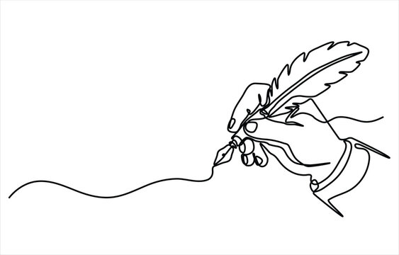 Minimalist Continuous Line Drawing Of Hand Holding Quill Pen Writing