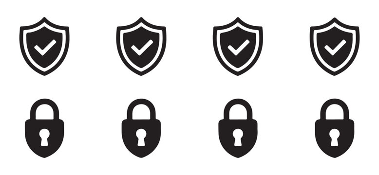 Minimalist security shield with check mark and rounded padlock icons for digital protection and personal data safety.