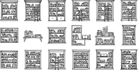 Variety of Hand Drawn Black and White Line Art Bookshelves, Book Cabinets, and Stacked Books Vector Set for Education, Library, and Home Decor © pixsource