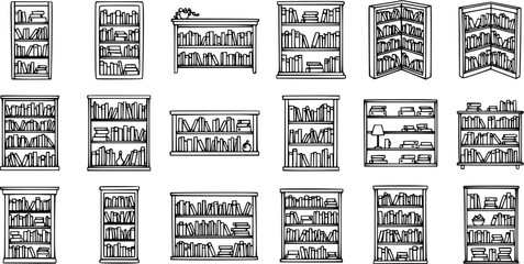 Outline Bookshelves and Bookcases Vector Set. Hand-drawn illustration collection for Education, Reading, and Home Interior Design. © pixsource