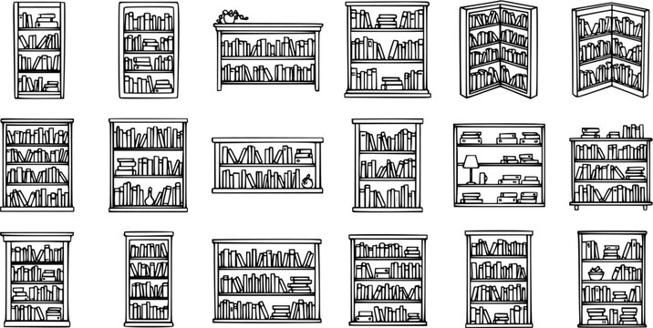 Outline Bookshelves and Bookcases Vector Set. Hand-drawn illustration collection for Education, Reading, and Home Interior Design.