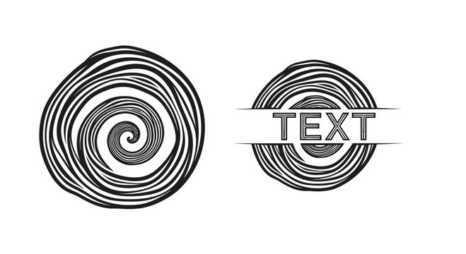 Black and white hand drawn swirl logo design elements with text placeholder.