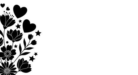 Black and white floral arrangement with heart and star elements. © Camilia_Deena