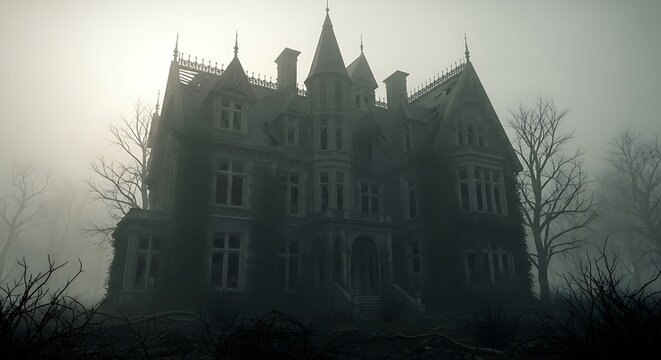Decrepit gothic mansion looms ominously within thick, low-lying mist and dark trees