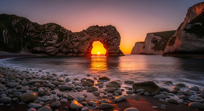 Dramatic Sunset at Durdle Door Natural Arch on Jurassic Coast Beach with Ocean Waves and Coastal Cliffs