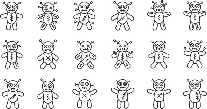 A diverse collection of outline illustrations featuring various voodoo dolls, each with unique expressions and states, from happy to lifeless, perfect for symbolic and cultural design projects