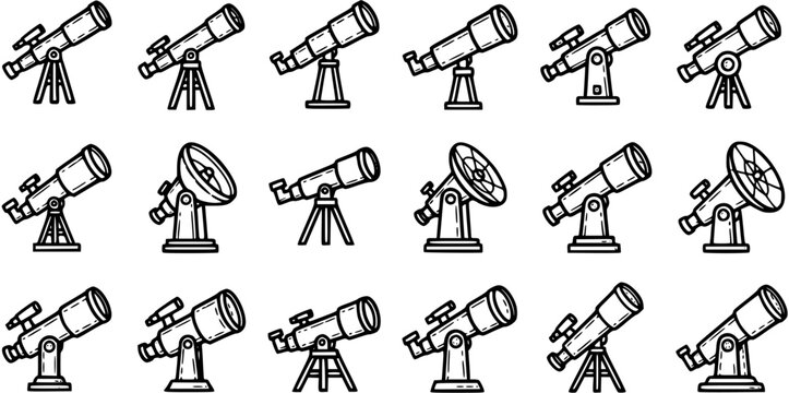 Black and White Line Art of Various Telescopes on Stands, Science and Astronomy Vector Set