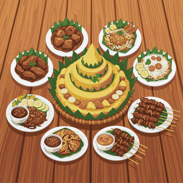 Traditional Indonesian Tumpeng yellow rice cone surrounded by various side dishes like satay, rendang, and egg on wood.