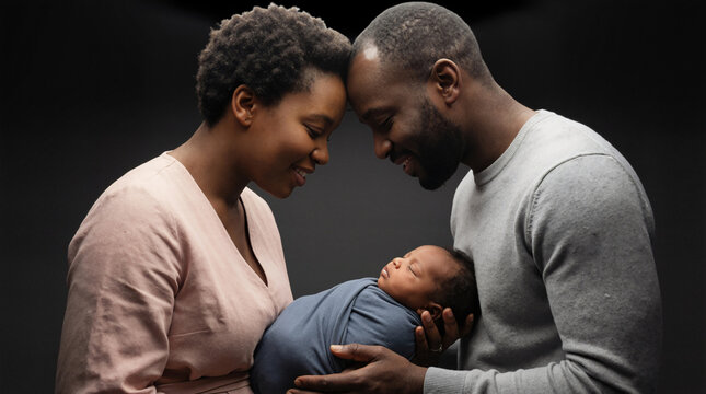 Black parents touching foreheads while holding sleeping newborn baby. African American mother and father with infant in blue swaddle. Family bonding and new life concept