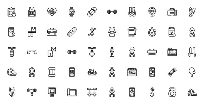 Sport Training icon set. Vector fitness symbols pack. Includes clipboard, heart rate, skateboard, weightlifting, gym bag, yoga mat, dumbbells, runner and more. Editable thin line icons.