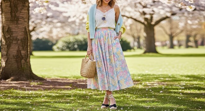 Stylish woman wearing a pastel floral skirt stands in a park during springtime.