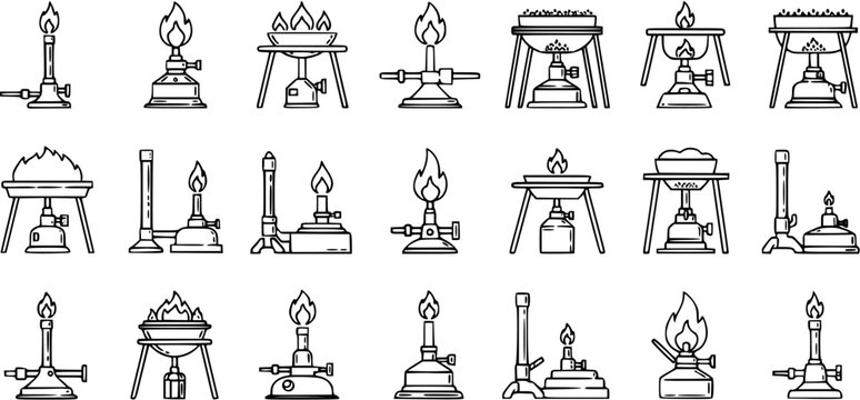 Black and White Line Art Icons of Bunsen Burners for Scientific Laboratory Equipment