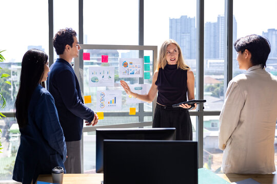 Team of young caucasian entrepreneur having a team meeting for project for marketing and sale management with skyscraper view for business startup and education