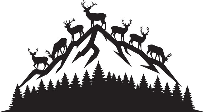 Black silhouette deer herd on mountain, forest landscape vector