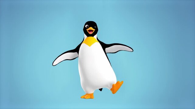 A cheerful 3D animated penguin mascot performing a happy dance. Set against a light blue background, this asset is perfect for children's educational content, winter-themed marketing, and playful stor