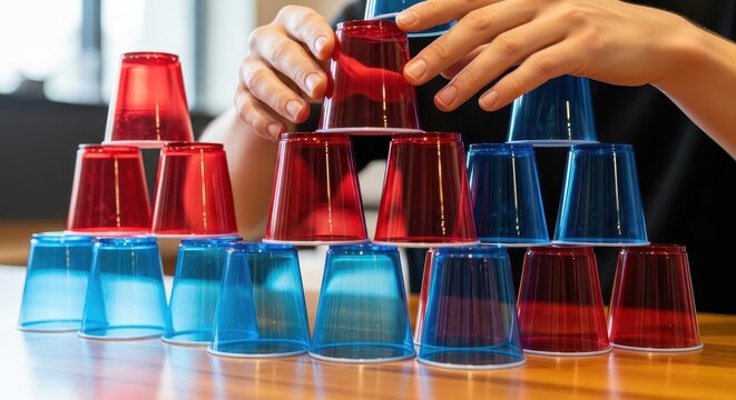 Hands carefully stack colorful plastic cups into a pyramid shape on a table.