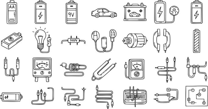 Hand-drawn Electrical and Electronic Components Doodle Line Art. Technology, Energy, Circuits, Batteries, Wires, and Devices Sketch Icons.