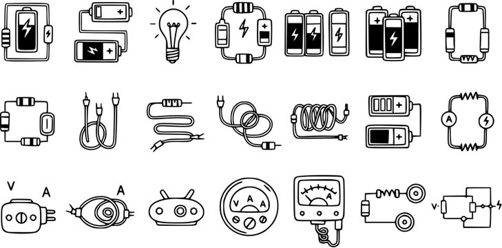 Electrical Components and Symbols Line Art Icons: Batteries, Lights, Wires, Meters