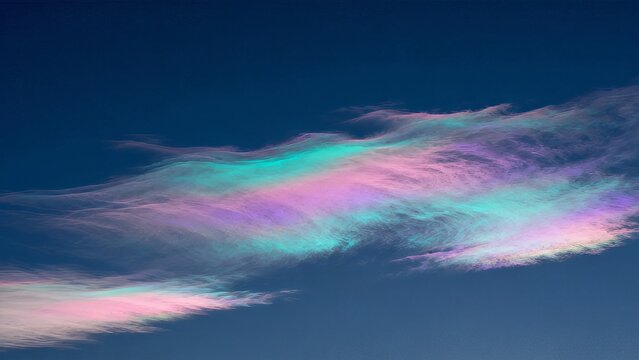 Horizontal View of Polar Stratospheric Nacreous Clouds with Intense Iridescent Pastel Colors Against Dark Blue Sky

