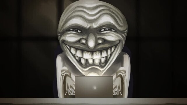troll face laughing while using computer