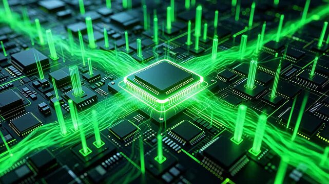 Close up view of electronic circuit board with green glowing microchip and components