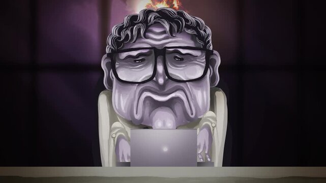 sad office worker experiencing burnout with flames emerging from head while working at computer
