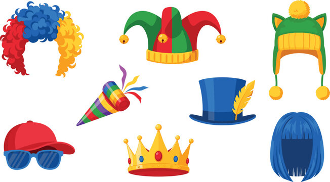 Costume accessories set with wigs, hats, crown, glasses, and party items illustrating carnival outfits, disguise elements, and playful vector illustration