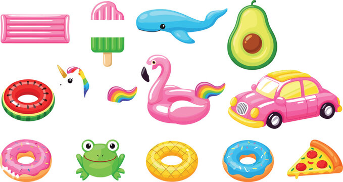 Cute colorful summer icons set with pool floats, food, animals, and car illustrating fun vacation elements and playful vector illustration
