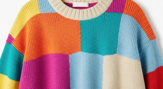 A close-up view of a cozy wool sweater featuring various colorful knit patches in a mosaic design, showcasing soft yarn textures and hues, colorful, textile, rainbow