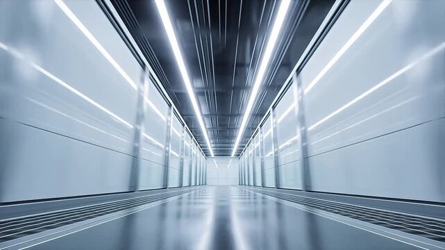 Modern futuristic corridor with white walls and linear ceiling lights