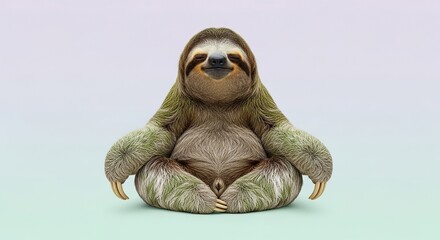Fototapeta premium A peaceful sloth sits in a cross-legged meditation pose against a solid pastel background, captured with professional studio lighting, yoga, adorable, artistic