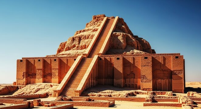 A monumental stepped structure built from earthen bricks dominates an arid landscape of ruins, reflecting historical masonry and design, foundation, clay, earth